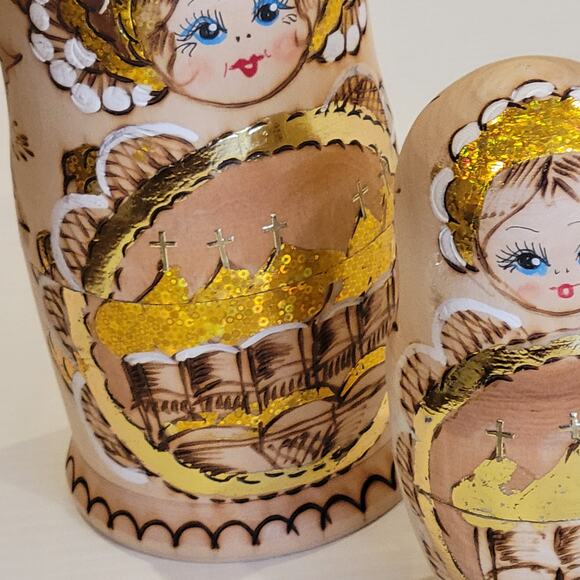 Vtg Russian Burned Wood Hand Painted Matryoshka Nesting Dolls Set of 5 Orthodox - Picture 5 of 14